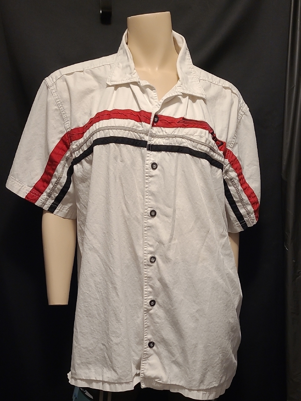 Vintage Y2K Harley-Davidson men's work shirt featuring stripes on the sleeves